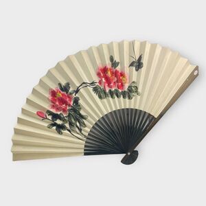 VTG Folding Chinese Accordion Paper Fan Cream Red Painted Flowers Asian Floral